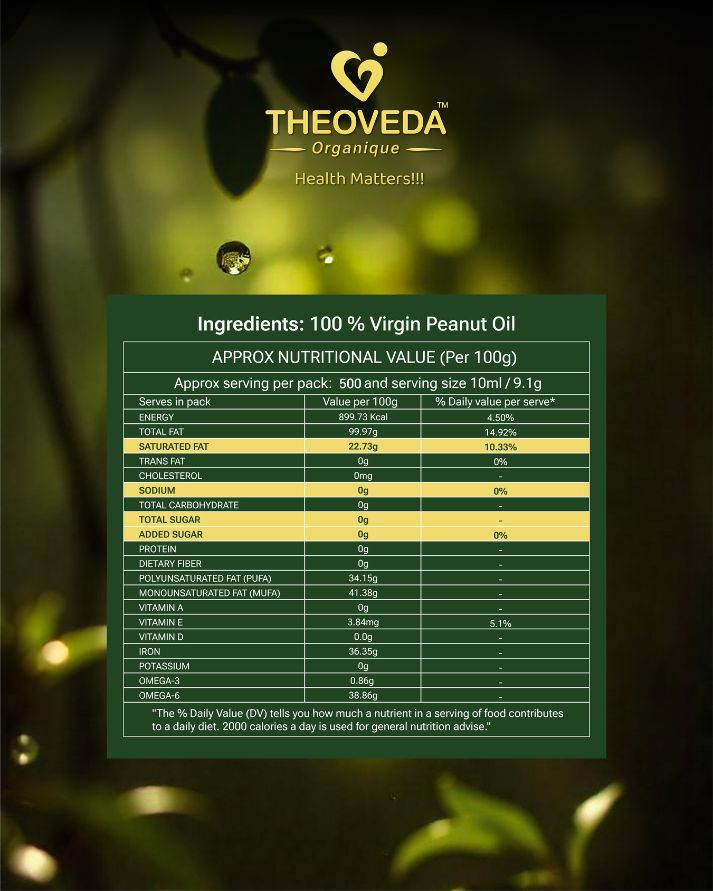 Theoveda Organique Premium Virgin Peanut Oil, Cold-Pressed - 5Ltr