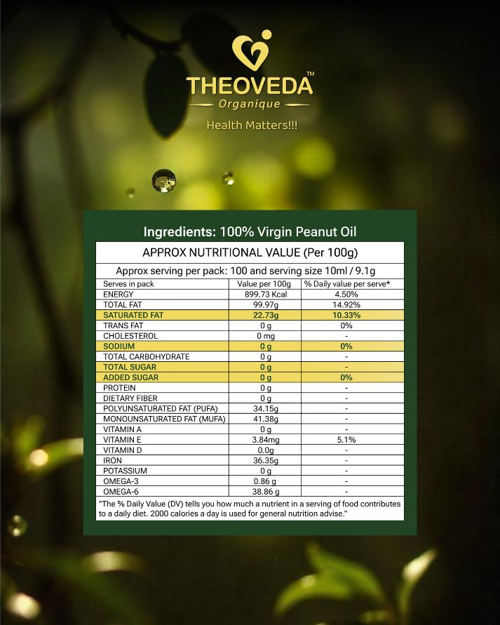 Theoveda Organique Premium Virgin Peanut Oil, Cold-Pressed - 1Ltr