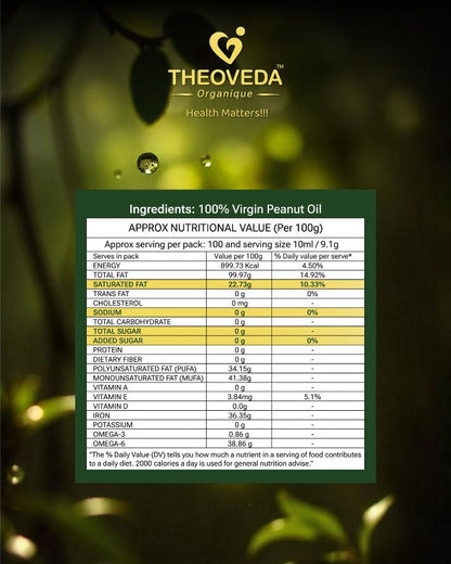 Theoveda Organique Premium Virgin Peanut Oil, Cold-Pressed - 1Ltr