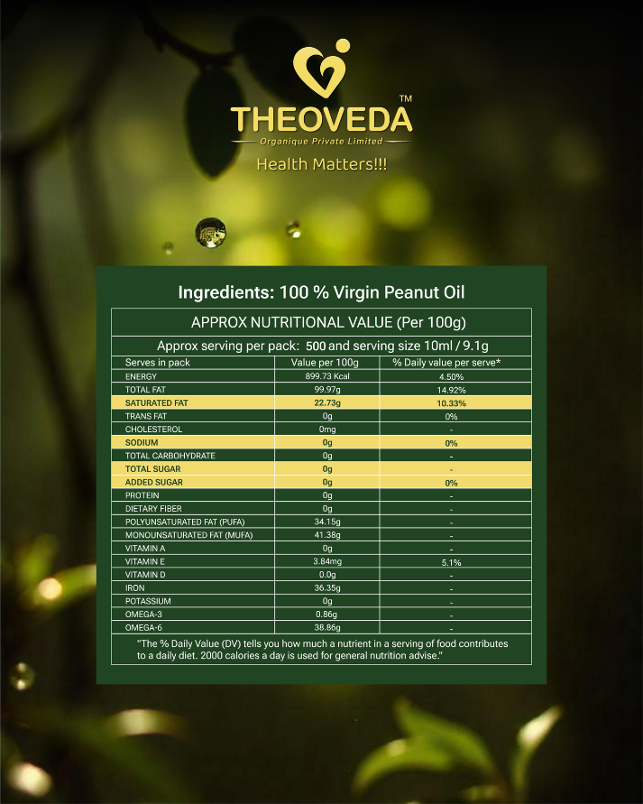 Theoveda Organique Premium Virgin Peanut Oil, Cold-Pressed - 5Ltr