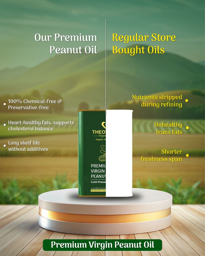 Theoveda Organique Premium Virgin Peanut Oil, Cold-Pressed - 1Ltr