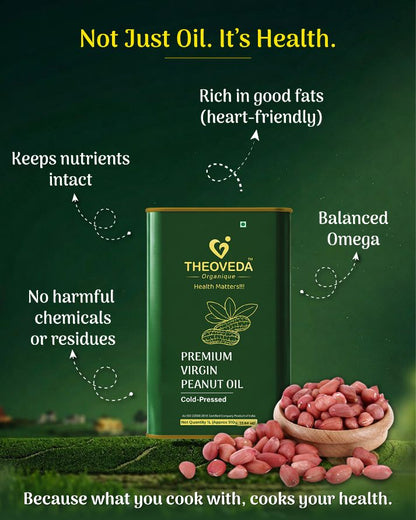 Theoveda Organique Premium Virgin Peanut Oil, Cold-Pressed - 1Ltr