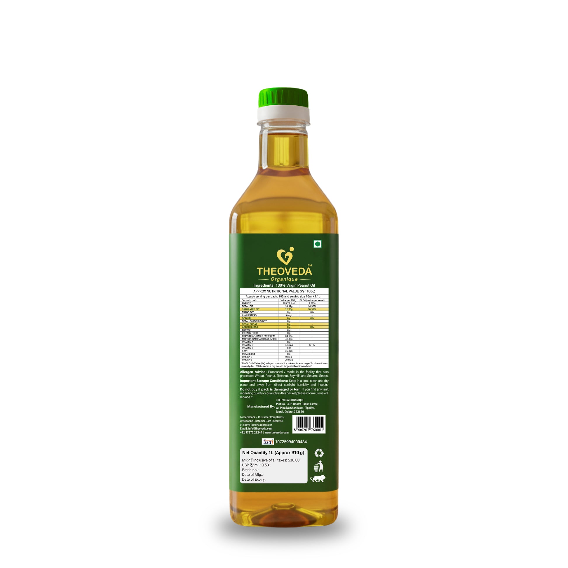 Theoveda Organique Premium Virgin Peanut Oil, Cold-Pressed - 1Ltr - Theoveda Organique - Health Matters!!!