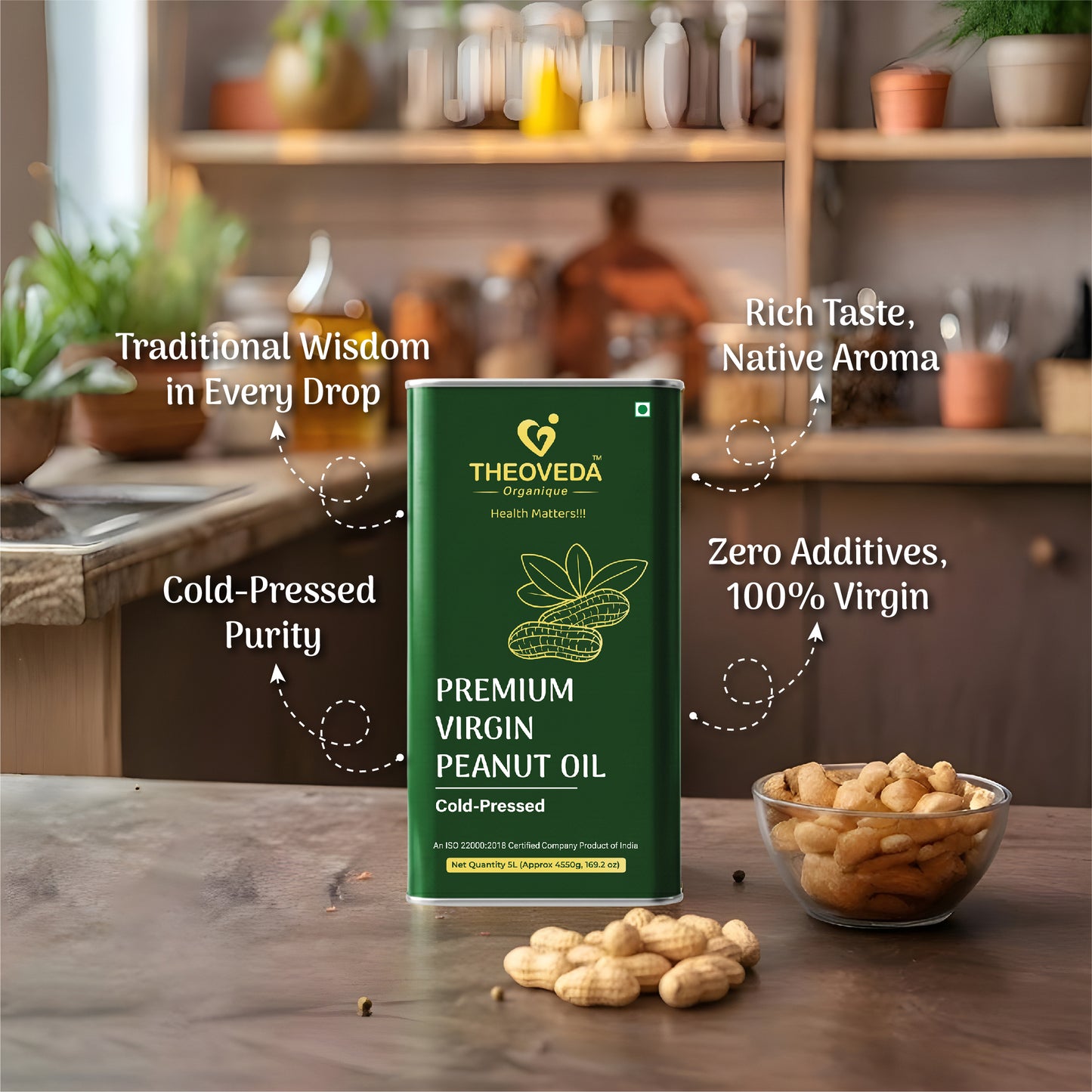 Theoveda Organique Premium Virgin Peanut Oil, Cold-Pressed - 5Ltr - Theoveda Organique - Health Matters!!!