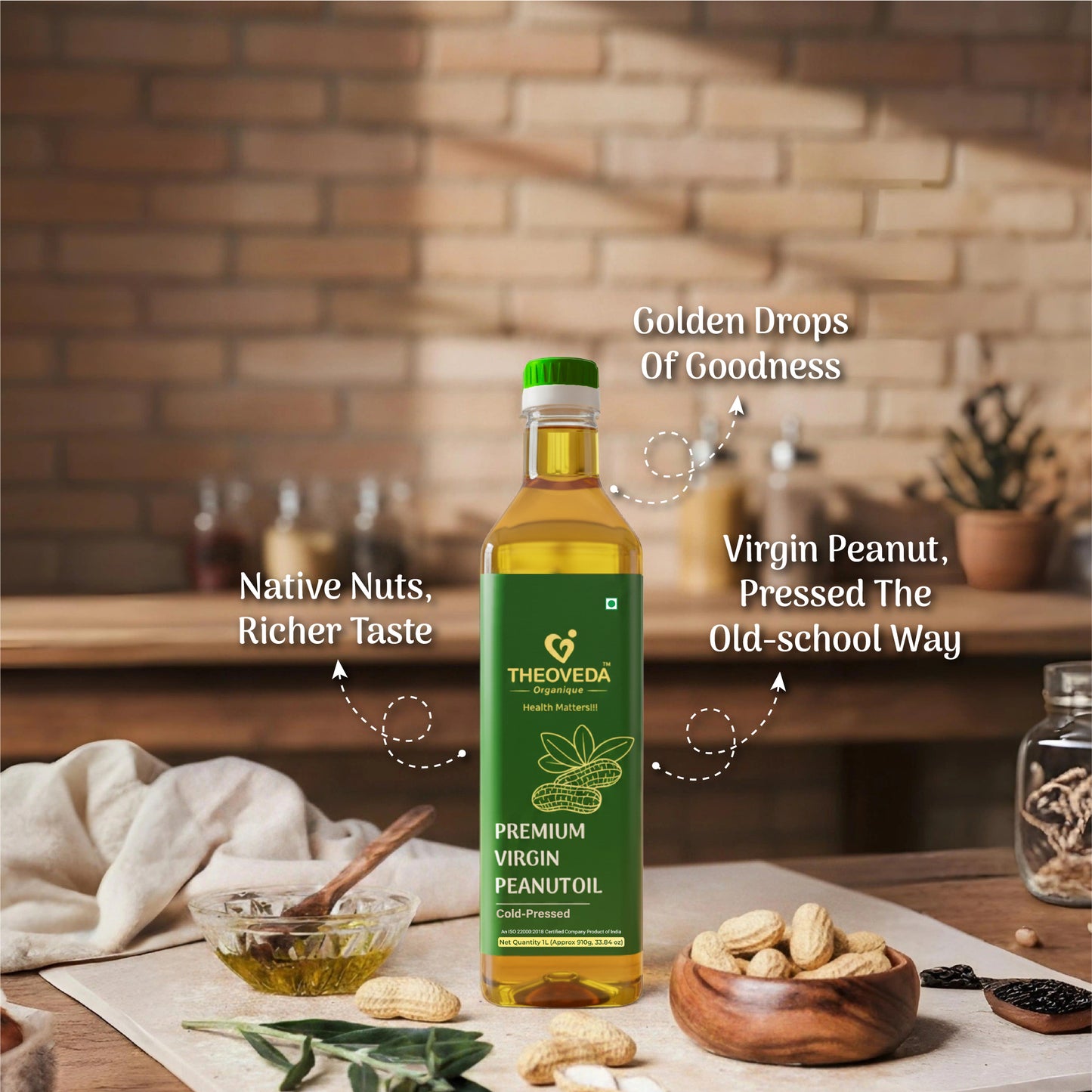 Theoveda Organique Premium Virgin Peanut Oil, Cold-Pressed - 1Ltr - Theoveda Organique - Health Matters!!!